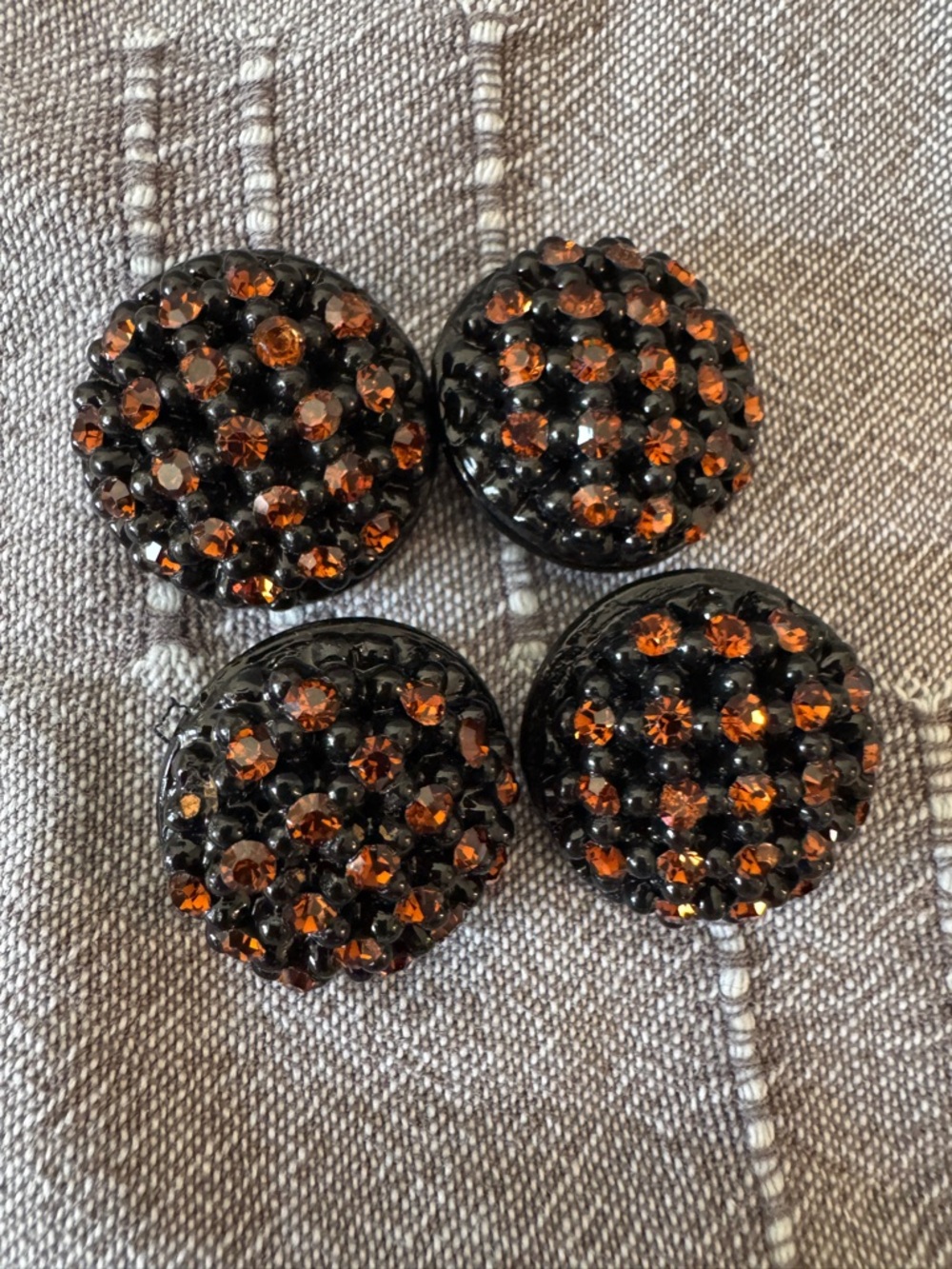 Vintage Set of 4 Black Buttons with Amber Rhinestones